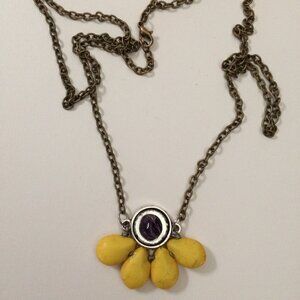 Yellow Turquoise Beads Bronze Necklace with Amethyst